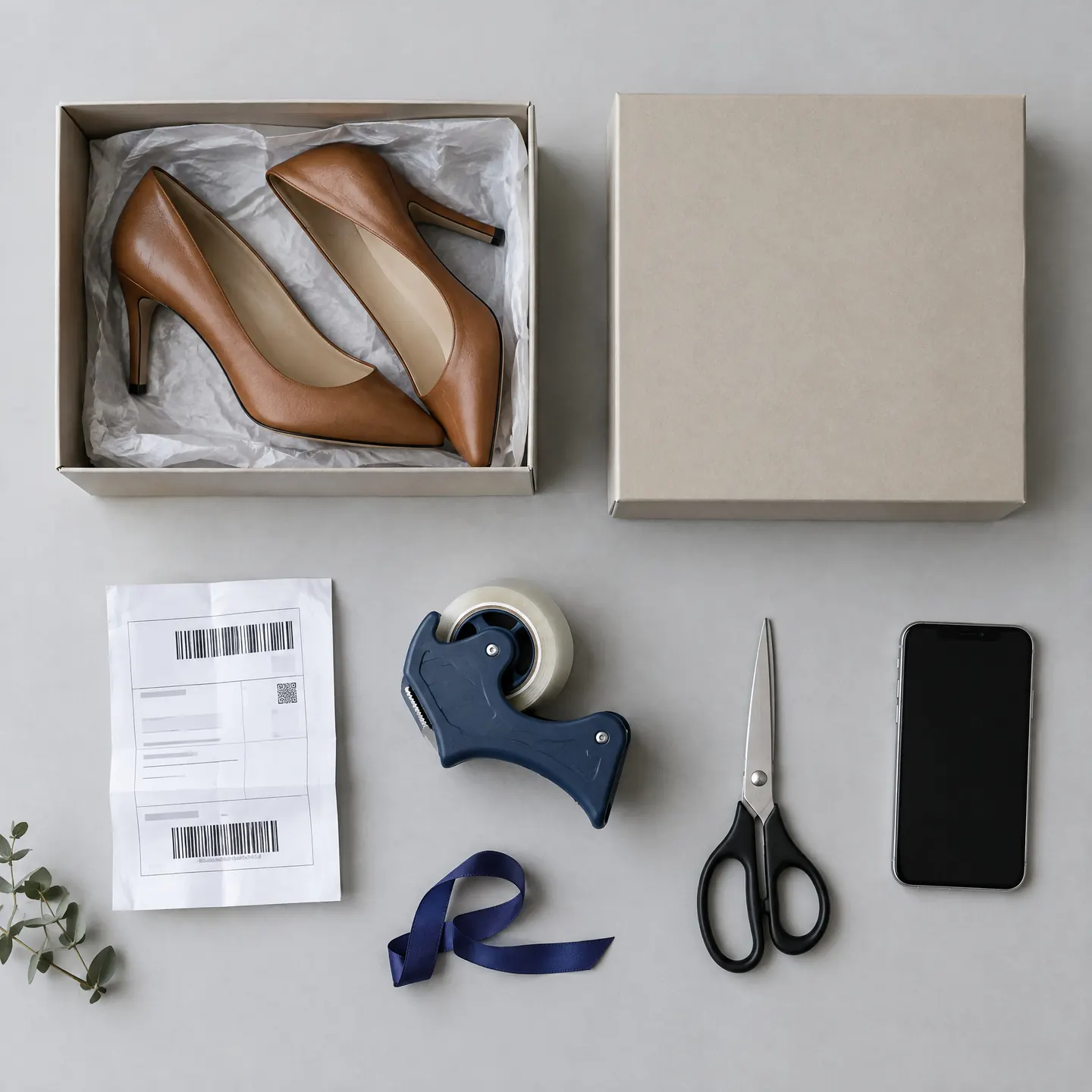 Shoe boxes, a shipping label and tape on a table