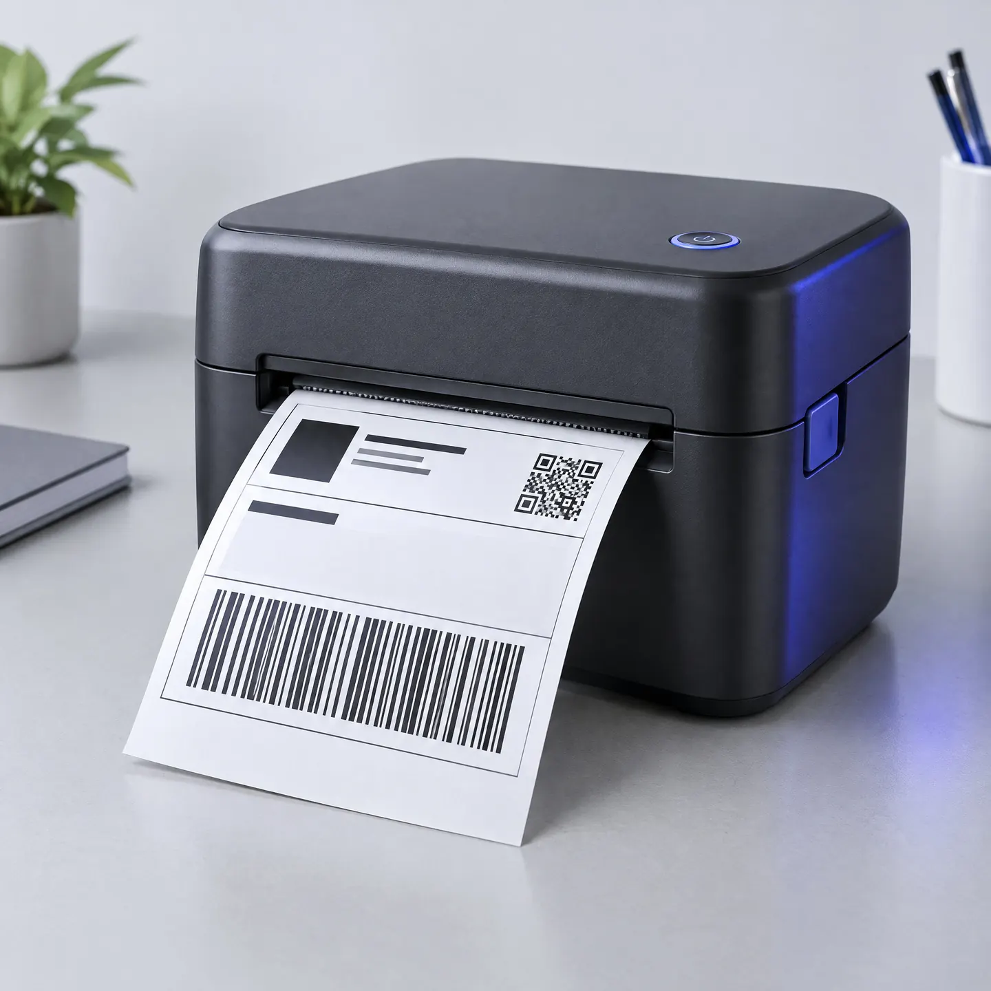 A thermal printer printing a 10×15 shipping label